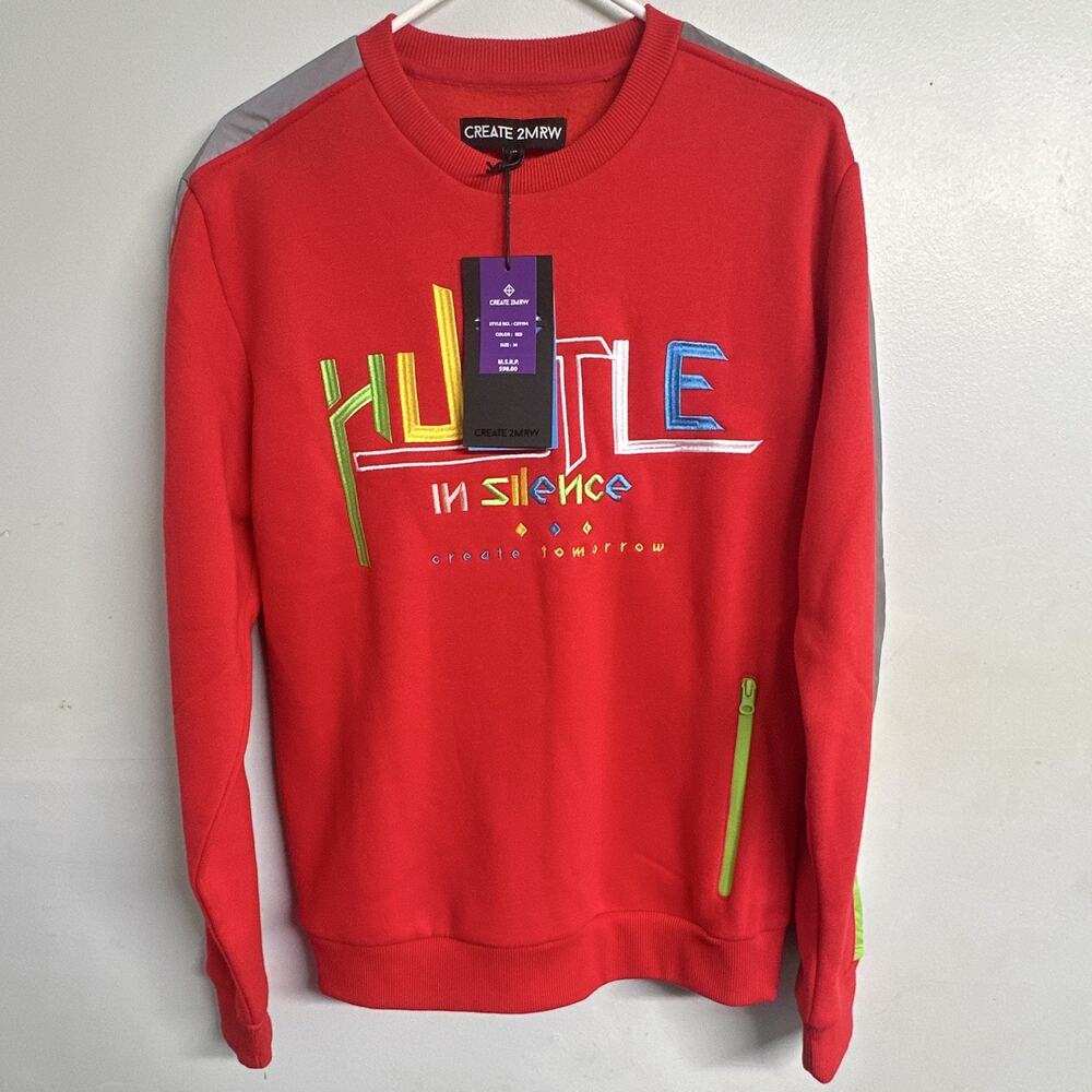 CREATE 2MRW Men's Red Crewneck Pullover Sweatshirt Graphic Embroidered (Size M)